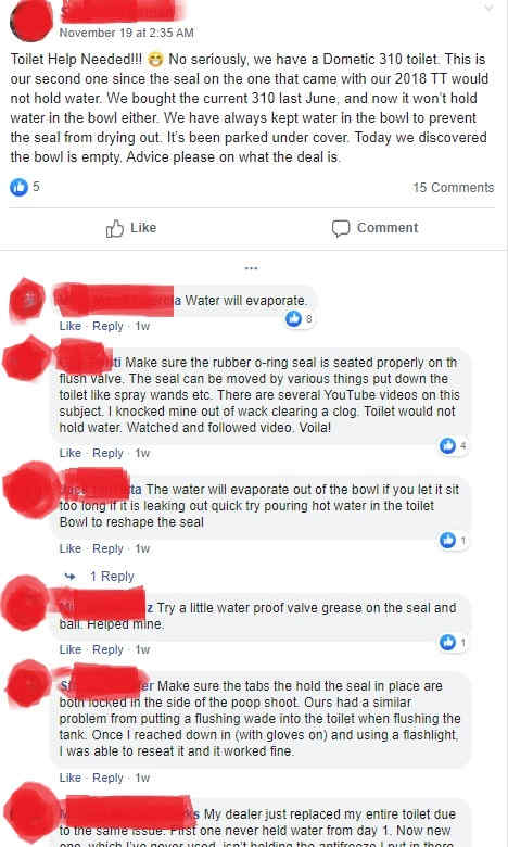 Facebook group chat room on rv toilet bowl not holding water