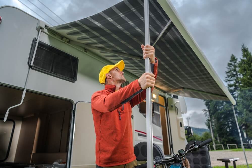 Rolling awning on an RV in windy and bad weather conditions